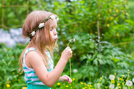 可爱的小女孩 在花园里吹着花棚行动童年场地女孩游戏喜悦手臂编织乐趣种子图片