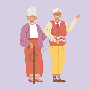 年迈的微笑男人和女人平面矢量插图 迎接爷爷奶奶 开朗的爷爷奶奶 快乐的老年夫妇站在紫色背景上孤立的卡通人物图片