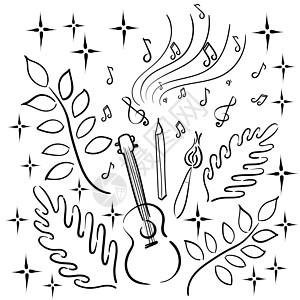 爱好  尤克里里吉他铅笔画笔音乐笔记植物星星音乐绘画吉他铅笔舞蹈弦琴草图树叶黑与白刷子图片