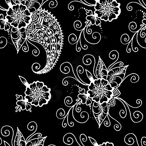 鲜花和佩斯利 抽象的线性绘图 无缝模式 黑色背景上的白色图片