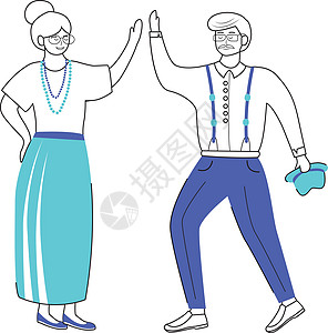 退休人员跳舞平面矢量插图 高龄家庭 老夫妻 浪漫的消遣 复古服装中的养老金领取者孤立的卡通人物与白色背景上的轮廓元素休闲女士男人图片