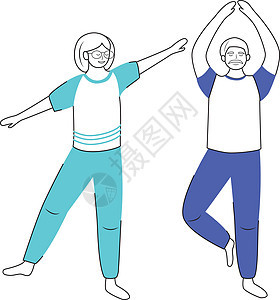 退休人员培训平面矢量图 体育锻炼 健康的生活方式 老夫妻 养老金领取者正在做瑜伽孤立的卡通人物 白色背景上有轮廓元素男人花费家庭图片