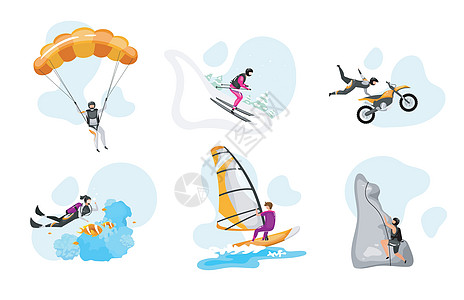 滑翔伞极限运动平面矢量插图集 跳伞滑翔 冲浪潜水 下坡滑雪 攀岩 摩托车特技表演 户外活动孤立的卡通人物骑士伞兵男人插图潜水员滑雪者风插画