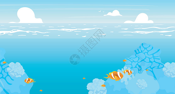 水下平面矢量图解 夏季海洋风景背景设计 有珊瑚礁和热带鱼的度假胜地深海 绿松石泻湖 海景卡通背景墙纸绘画全景珊瑚假期插图热带天堂图片