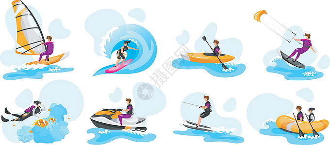 极限水上运动平面矢量插图集 冲浪独木舟皮划艇 水肺潜水 滑水运动员 风筝冲浪运动员 夫妇在船上 体育人孤立的卡通人物海浪假期插图图片