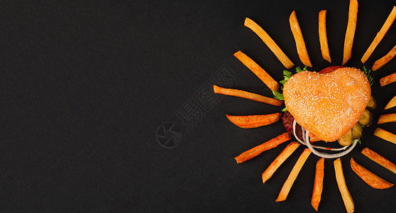 黑色的心形汉堡包牛肉汉堡薯条蔬菜包子小吃美食芝士烧烤芝麻图片