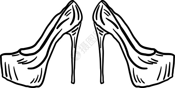 白色背景上的女鞋草图脚跟配饰黑色优雅高跟鞋女性绘画艺术鞋类图片