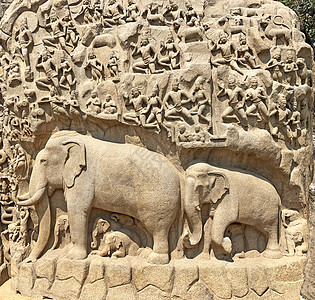 印度泰米尔纳德邦马哈巴利普拉姆帮派的后裔雕刻品神话吸引力考古学动物旅行历史血统纪念碑宽慰图片