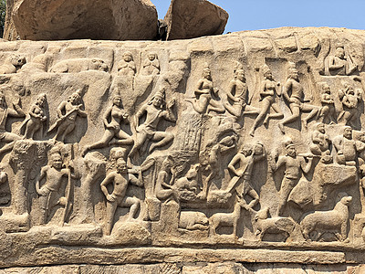 印度泰米尔纳德邦马哈巴利普拉姆帮派的后裔花岗岩血统雕塑建筑学描写浮雕建筑旅游目的地地标图片