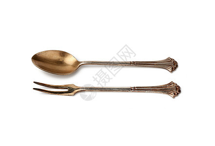 银叉和勺子的旧铜图片