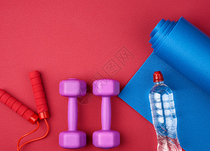 一对紫色塑料哑铃 瓶水在红色牛头上损失小地毯活动训练瓶子重量女性杠铃力量配件图片