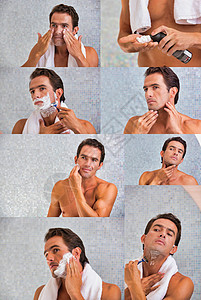 照片 有魅力的男人在浴室刮胡子的照片胡须镜子男性白色棉布清洁碳粉淋浴皮肤反射图片