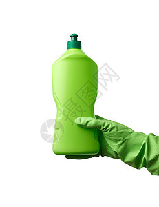 戴橡皮手套的女性手持绿色塑料瓶 装有d图片