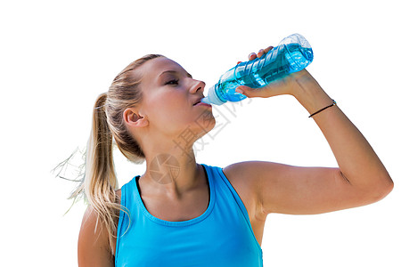 在饮用能源饮料时 停产身穿运动服装的活跃妇女女性身体公园瓶子跑步成人女孩活力跑步者慢跑者图片
