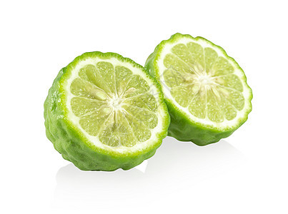 在白色背景上隔离的新鲜贝加莫特水果切片头发叶子柠檬热带蔬菜食物草本植物绿色香气草本图片