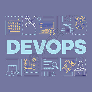 DevOps 词概念横幅 二进制系统 演示网站 带有线性图标的独立字体排版理念 软件开发和运营协作 它制作图案矢量轮廓图片
