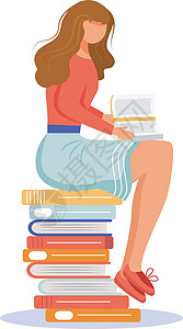 女孩看书平面矢量图 有平装书的学生 考试准备 年轻女子坐在一摞教科书上研究其中一个孤立的白色背景卡通人物图片
