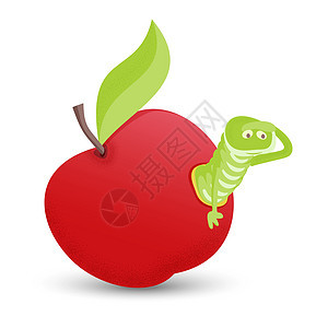 带绿叶的红苹果和白色背景中孤立的卡通蠕虫图片