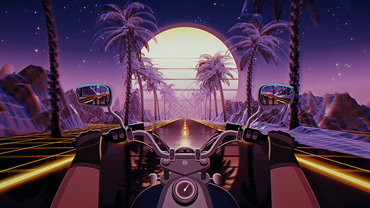 80 年代复古未来派科幻骑车人背景  VJ风景带摩托po合成器图形视角日落星星逆波摩托车3d游戏紫色背景图片