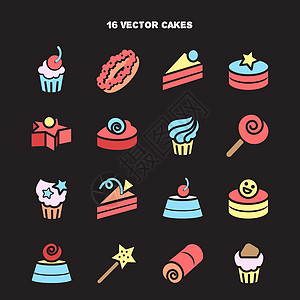 面包店和蛋糕图标的集合 糖果糖se婚礼食物星星插图派对餐厅生日糕点问候语庆典图片
