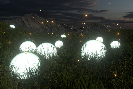 草地中发光的魔法球 3d 渲染生态辉光闪光环境土地季节花园故事风景公园图片