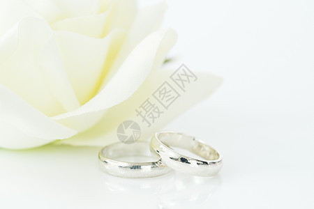 白色背景的婚环礼物婚姻珠宝仪式戒指夫妻念日工作室新娘婚礼图片