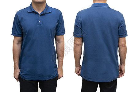 人身上蓝色空白的马球T恤衫 用于模拟图形设计青色衬衫小样海军男人身体衣服男性服饰白色图片