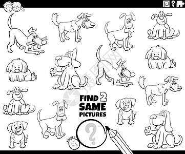 找到两只相同的狗图片着色书页彩书填色本考试动物卡通片染色黑与白工作簿游戏插图图片