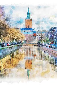 圣詹姆斯教堂的数码水彩画 反映在位于荷兰海牙皇家马棚的运河中平静的水巢上(High)图片