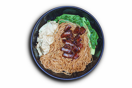 传统的中国菜豆面 在黑木桌上配有烧焦烤猪肉和卷心菜餐厅蔬菜烹饪饺子美食小贩棕褐色面条食物图片