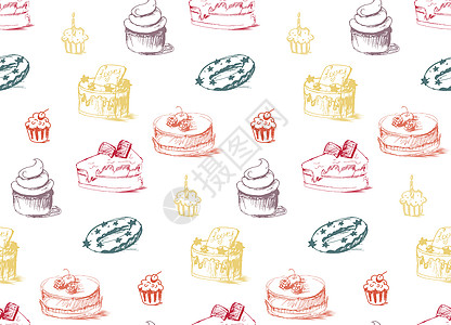 甜樱桃美味的蛋糕无缝模式面包糕点草图打印餐厅婚礼馅饼贴纸咖啡店食物背景