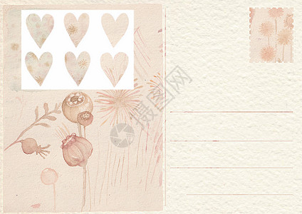 带花的手绘背明信片邮资水彩插图风化邮票棕褐色邮政古董艺术邮件图片