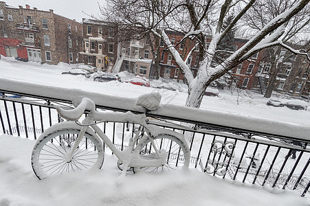 被新鲜雪雪覆盖的自行车城市运输白色风暴天气暴风雪雪地气候街道季节图片