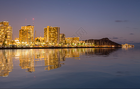 夏威夷的全景日落酒店公寓旅行海洋反射市中心天堂天际热带图片