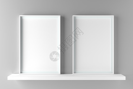 两个优雅的相框立在架子上  3D仁德艺术插图白色广告空白打印财产画廊桌子小样图片