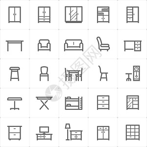 图标集白色背景上的家具轮廓描边矢量插图收藏卧室架子凳子桌子镜子扶手椅中风窗户地毯图片