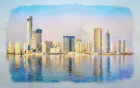 Xiamen市天线水彩色与反射帆布全景运输建筑海洋建筑学天际城市数字摩天大楼图片