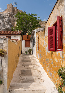 希腊雅典阿纳菲奥蒂卡古老居民区的狭小街道途径景观旅行城市小路历史性邻里房子观光胡同图片