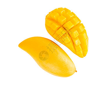 特写成熟的芒果热带水果 白上切片b美食甜点营养绿色异国黄色饮食白色叶子维生素图片
