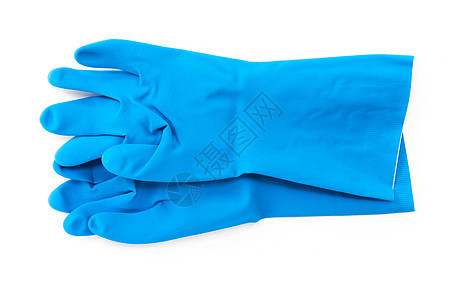 白背景清洁用的蓝色橡胶手套 工作室 c手臂工具打扫卫生家庭化学品橡皮家务安全乳胶图片