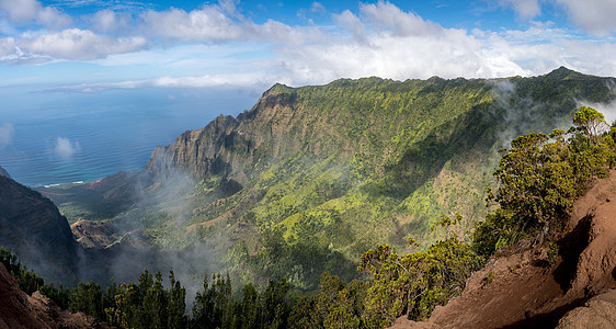 山谷全景山峰山脉荒野远景热带海洋崎岖海岸峡谷树木图片