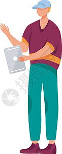 平板电脑平面矢量图的年轻人 青少年文化 千禧一代 拿着小工具的全身人 穿着休闲服的白人青少年男孩在白色背景上孤立的卡通人物图片