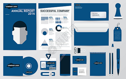 蓝色主题模板中的企业形象和文具图片