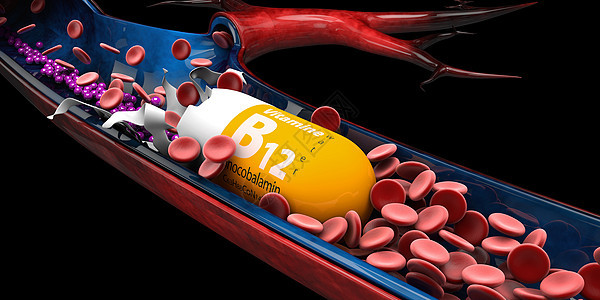 维生素 B12 胶囊溶解在视野中的 3d 插图图片