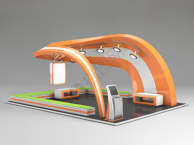 3d 设计有桌椅 信息板和滚动的具有独特创意的展览展台营销横幅海报展示插图站立嘲笑柜台摊位房间图片