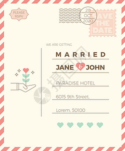 复古婚礼邀请卡模板邮件邀请函标签装饰品框架插图问候语邮票粉色明信片图片