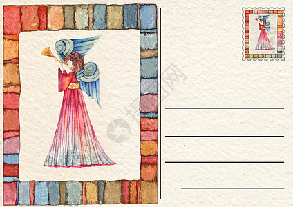 Angel 水彩图棕褐色邮件古董风化邮票邮政褪色卡片艺术插图图片