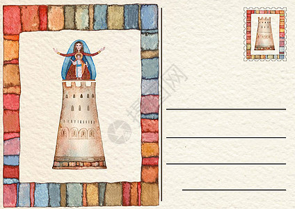 手绘背面明信片 Virgin Mar风化邮资水彩邮票邮政邮件褪色艺术插图古董图片