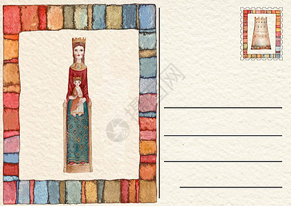 手绘背面明信片 Virgin Mar棕褐色邮资古董邮票插图风化邮件褪色水彩卡片图片