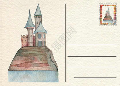 与 Castl 手绘背面明信片插图棕褐色褪色邮政邮资古董邮票邮件风化卡片图片